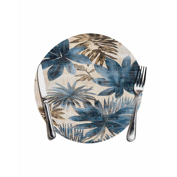 Blue Brown Palm Leaf Round Placemats for Dinning Tables,Heat-proof Braided Table Mats 13 Inch,Rustic Summer Botanical Elegant Washable Place Mat for Kitchen Restaurant Party Decor Table Setting