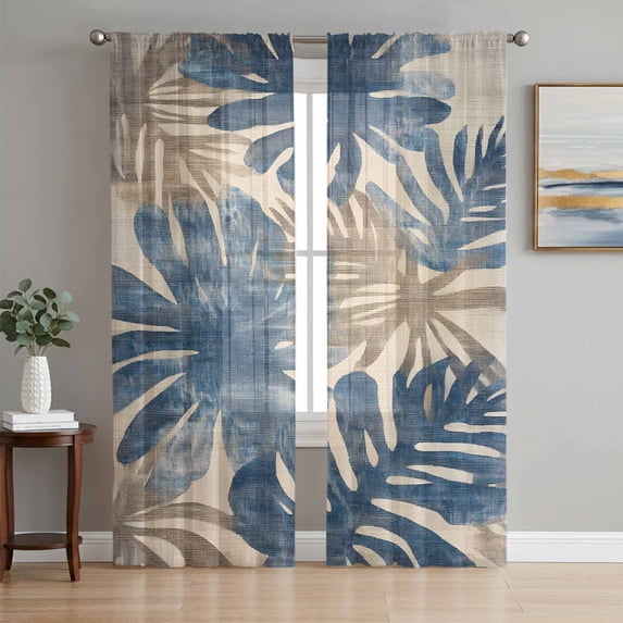 Blue Brown Palm Leaf Sheer Curtains 84 Inch Length 2 Panels Set, Summer Farmhouse Botanical Voile Window Treatment Rod Pocket Curtains Sheers Drapes for Bedroom/Living Room/Kitchen 52"x84"x2