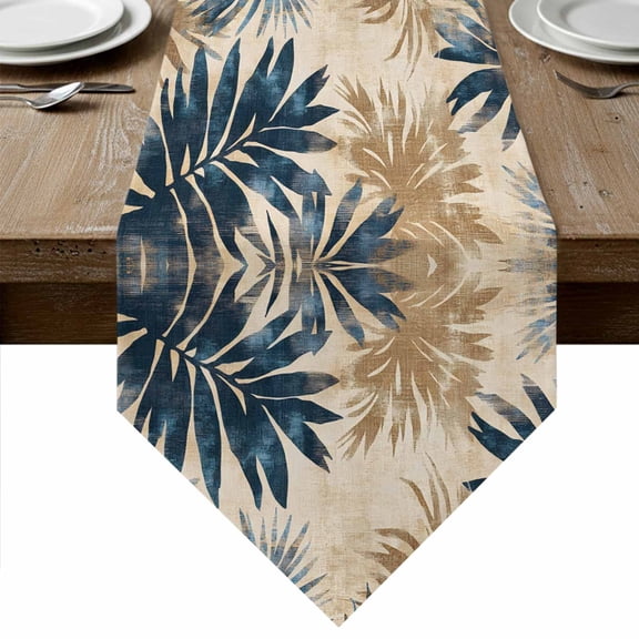 Blue Brown Palm Leaf Table Runner Linen Burlap Table Runner 36 Inches Small Summer Botanical Vintage Dresser Scarves for Kitchen Island Coffee Dining Room Party Wedding Banquet Holiday Decor 13"x36"