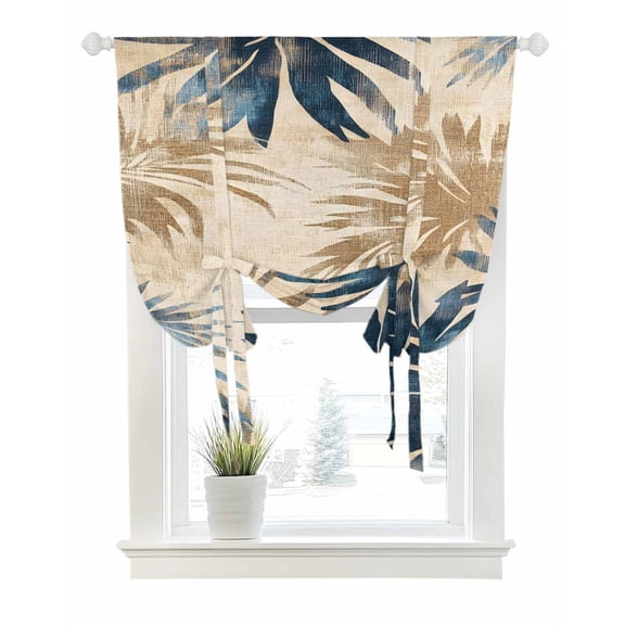 Blue Brown Palm Leaf Tie Up Curtains for Window, Thermal Insulated Balloon Shade Adjustable Rod Pocket Curtains Valance Panels for Kitchen Bathroom Cafe 42 x 45 Summer Botanical Vintage