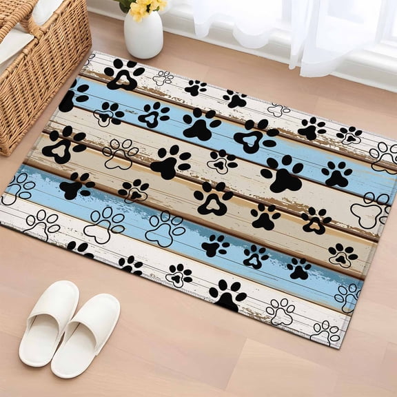 Blue Brown Paw Prints Bathroom Rug Washable 2x3 Entryway Rug Non Slip Vintage Farmhouse Rustic Wooden Grain Front Door Mat Low Pile Indoor Doormat Throw Floor Carpet for Kitchen Bedroom Entrance
