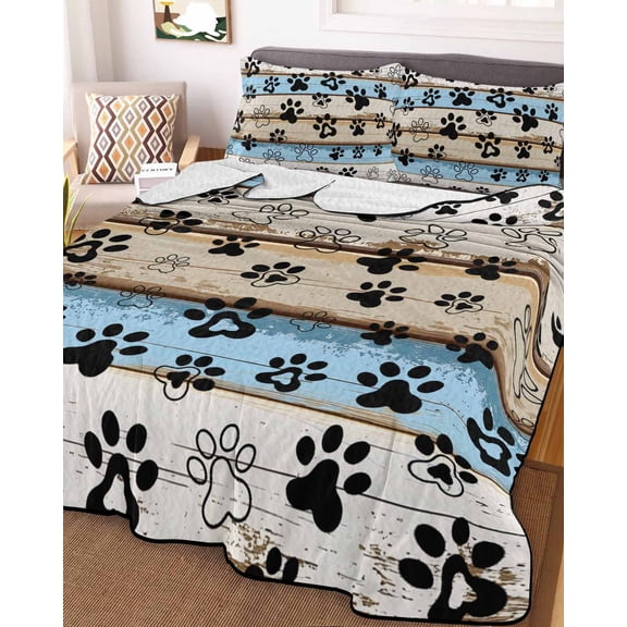 Blue Brown Paw Prints Full Size Down Alternative Comforter,Lightweight Comforter Quilt Bedding Set with Pillow Shams Vintage Farmhouse Rustic Wooden Grain Bed Comforter Duvet Insert 78"x90"