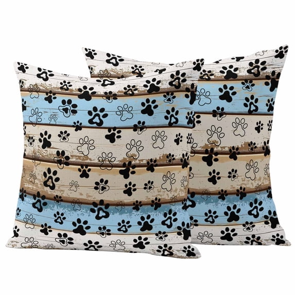 Blue Brown Paw Prints Outdoor Waterproof Pillow Covers, Vintage Farmhouse Rustic Wooden Grain Decorative Square Throw Pillowcase Sofa Cushion Sham for Patio/Couch/Chair, 18"x18" 2 Pack