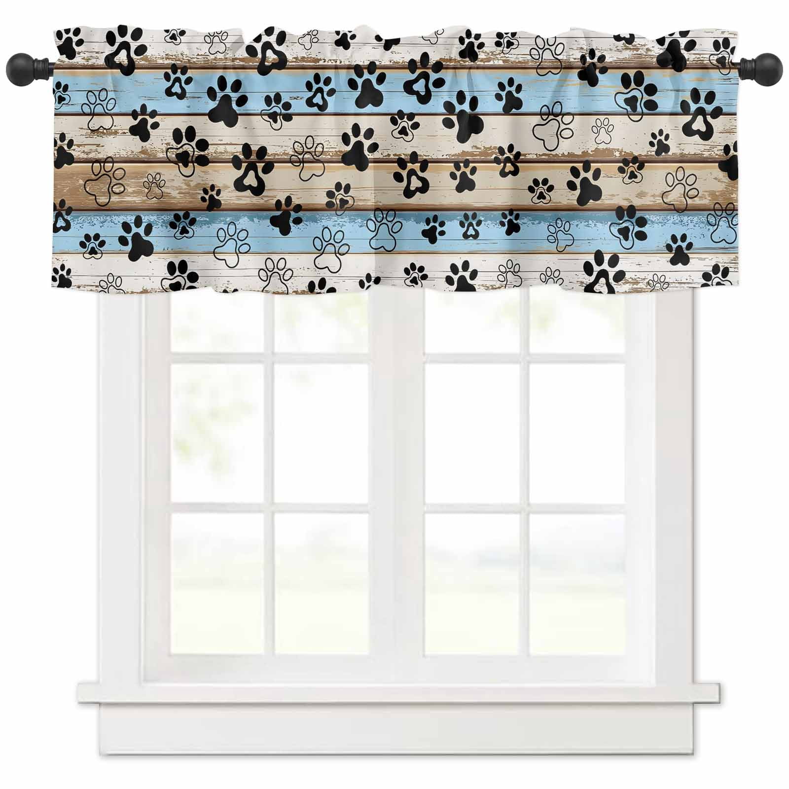 Blue Brown Paw Prints Valances for Windows Farmhouse Kitchen Curtains ...