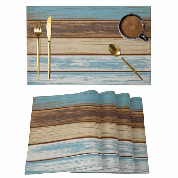 Blue Brown Placemats Set of 6, Farmhouse Rustic Wooden Plank Board Placemats for Dining Table, Place Mats for Kitchen Tabletop, Waterproof Wipeable Dining Table Mats Set