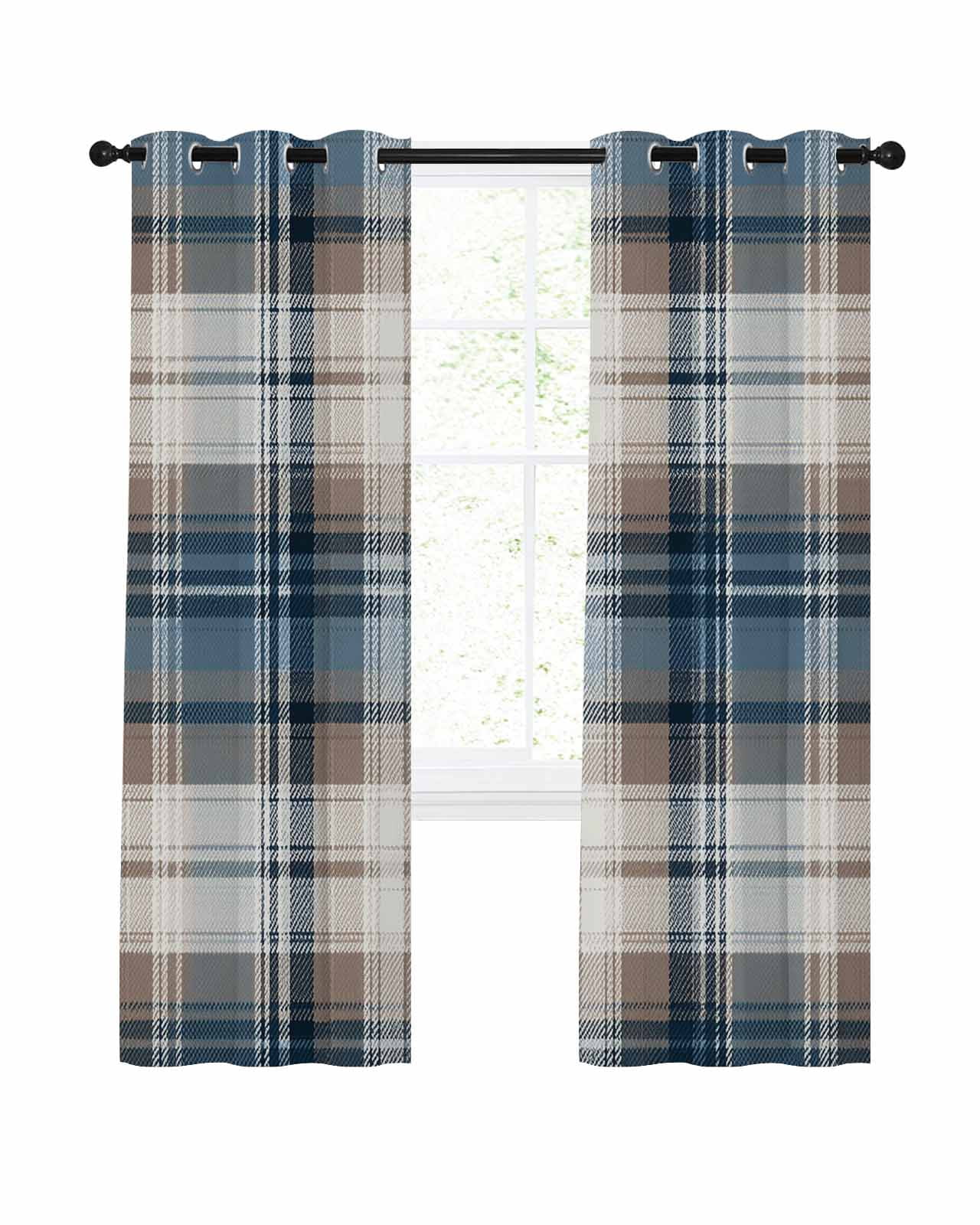 Blue Brown Plaid Blackout Curtains, Light Blocking Print Window