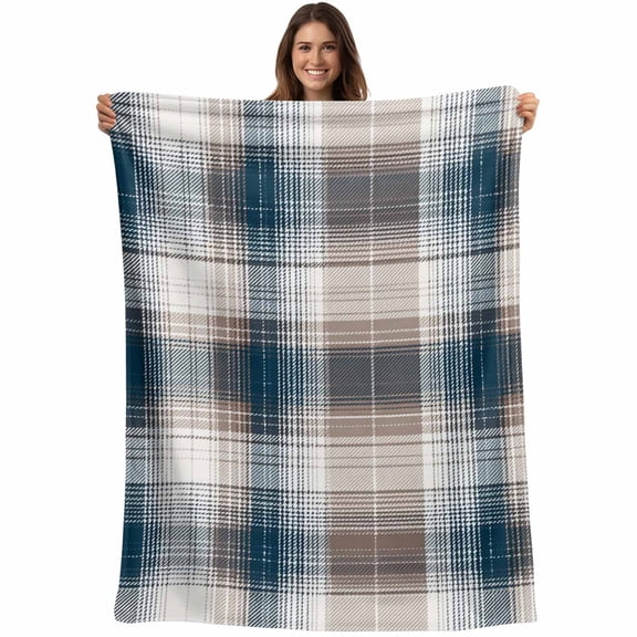 Blue Brown Plaid Blanket Soft Cozy Warm Throw Blanket for Couch, Plush Fuzzy Flannel Fleece Blankets for Sofa, Modern Abstract Striped Gingham Checked Bed Blankets Lightweight Gifts for Men, 50"x60"