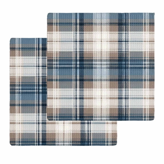 Blue Brown Plaid Dish Towels Set, Waffle Weave Kitchen Towels 2 Pieces, Vintage Abstract Stripes Lattice Microfiber Hair Face Bath Tea Towel Absorbent Quick Drying Cleaning Dish Cloths 12"x12"