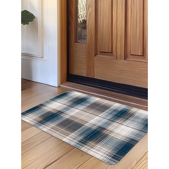 Blue Brown Plaid Door Mat&nbsp;Indoor Outdoor Entrance, Non Slip Rug for Kitchen Bathroom Entryway Rug, Modern Abstract Striped Gingham Checked Washable Doormat Floor Mat for Office 24x36 Inch