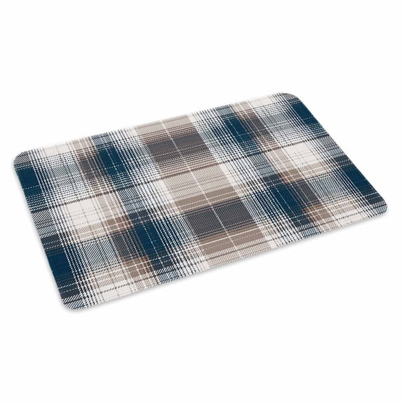 Blue Brown Plaid Doormat Outdoor Entrance 16"x24", Modern Abstract Striped Gingham Checked Absorb Moisture Dirt Door Mats, Non-Slip Rubber Backing Floor Mats Indoor, Low-Profile Front Door Rugs