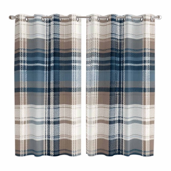 Blue Brown Plaid Kitchen Curtains 84 Inch Length, Vintage Abstract Stripes Lattice Grommet Top Bedroom Living Room Curtains, Light Filtering Cafe Curtain Drapes 2 Panels Set 104''x84''