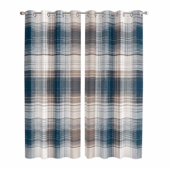 Blue Brown Plaid Kitchen Curtains 96 Inch Length, Modern Abstract Striped Gingham Checked Grommet Top Bedroom Living Room Curtains, Light Filtering Cafe Curtain Drapes 2 Panels Set 104''x96''