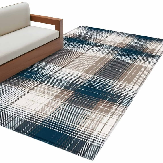 Blue Brown Plaid Large Area Rugs for Bedroom Living Room, Soft Non Slip ...