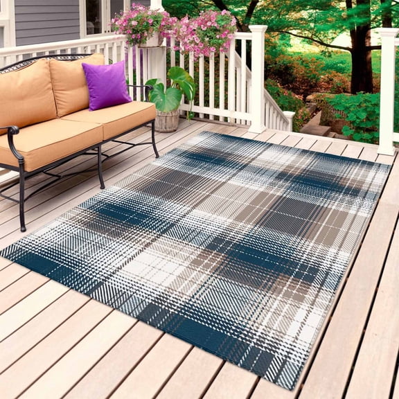Blue Brown Plaid Outdoor Rug 4x6 Ft, Non Slip Washable Area Rug, Modern Abstract Striped Gingham Checked Patio Rugs Carpet Runner, Large Floor Mat for Indoor/Outdoor Deck Porch Camping