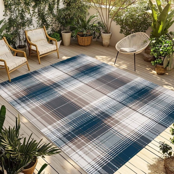 Blue Brown Plaid Outdoor Rug 4x6 Ft - Reversible Patio Rug Outdoor Camping Rugs, Modern Abstract Striped Gingham Checked Indoor Outdoor Area Rugs, Non-Slip Outdoor Carpet Runner for Deck/Porch