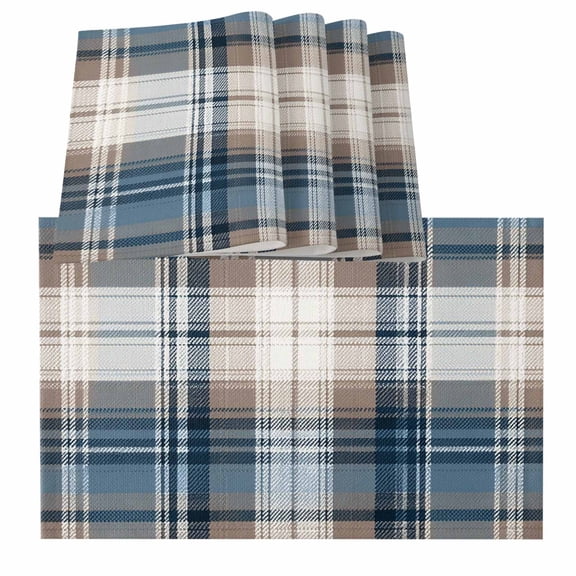 Blue Brown Plaid Placemats for Dinning Table Set of 4, Vintage Abstract Stripes Lattice Burlap Kitchen Place Mats Waterproof Cloth Table Mats, Indoor Outdoor Placemats Easy Clean Dinner Decor