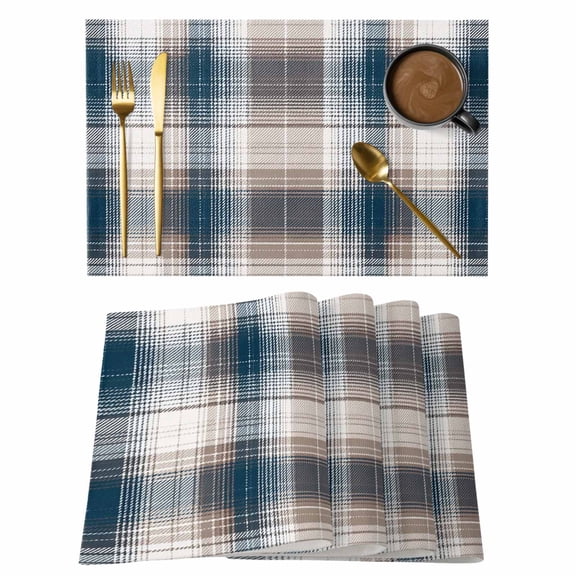 Blue Brown Plaid Placemats Set of 12 Modern Abstract Striped Gingham Checked Place Mats Indoor Wipeable Table Mats Washable Dining Table Placemats for Kitchen Holiday Party Home Decor 13x19 Inch