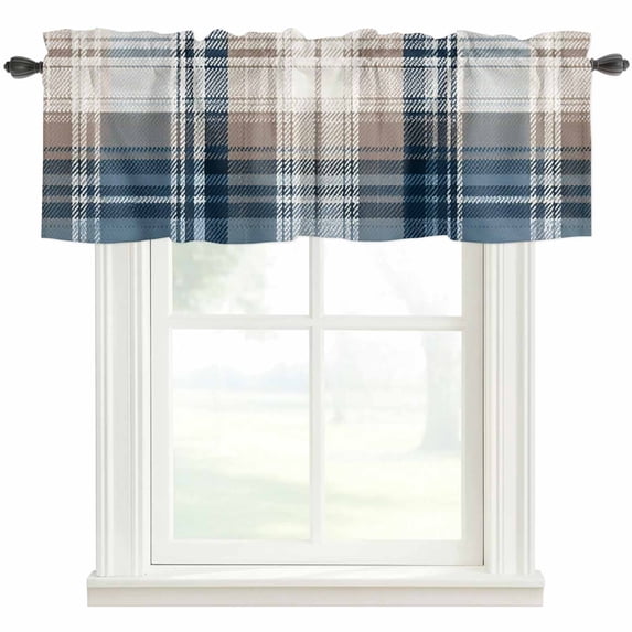 Blue Brown Plaid Rod Pocket Curtain Valance, Vintage Abstract Stripes Lattice Farmhouse Window Valance for Living Room, Bedroom, Kitchen 42"W x 12"L
