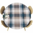 thumbnail image 1 of Blue Brown Plaid Round Tablecloth, Fitted Table Cover with Elastic for 45"-54" Round Tables, Modern Abstract Striped Gingham Checked Table Cloth Outdoor Indoor Dinning Party Waterproof Tablecloths, 1 of 7