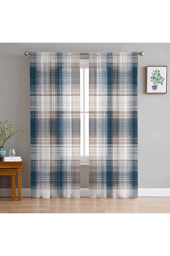 Blue Brown Plaid Sheer Curtains 72 Inches Long 2 Panels Set, Window Sheer Curtains for Living Room/Bedroom, Modern Abstract Striped Gingham Checked Light Filtering Rod Pocket Curtain 52'' x 72'' x 2