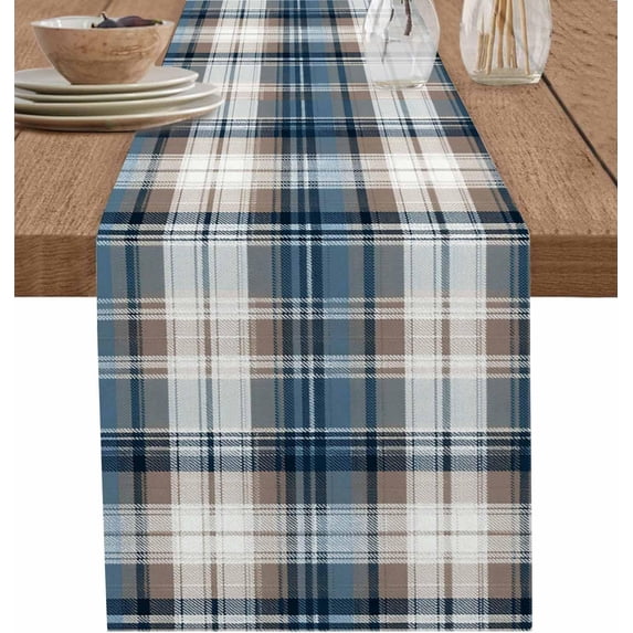 Blue Brown Plaid Table Runner 90 Inches Long Tablerunner Dresser Scarves, Vintage Abstract Stripes Lattice Kitchen Dinner Cafe Table Runners Decor for Coffee/Party/Wedding, 13.8" x 90"