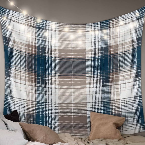 Blue Brown Plaid Tapestry for Bedroom Wall Hanging Tapestry, Modern Abstract Striped Gingham Checked Ceiling Backdrop Tapestries Poster Blanket Wall Decor for Teens Room Living Room Dorm 51" x 59"