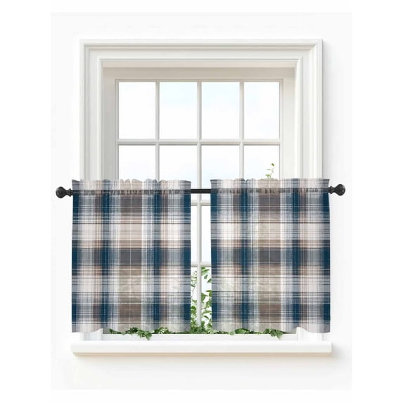 Blue Brown Plaid Tier Curtains 24 Inch Length,Sheer Curtains for Bedroom Living Room Window Modern Abstract Striped Gingham Checked Small Half Window Kitchen Curtains & Drapes 27.5"x24" 2 Panels