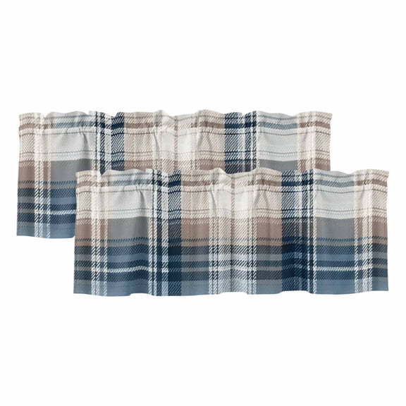 Blue Brown Plaid Valances for Windows, Vintage Abstract Stripes Lattice Light Filtering Kitchen Curtains, Rod Pocket Window Valance Curtains for Living Room Bedroom, 42" W x 18" L, 2 Panels