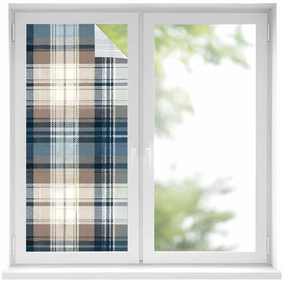 Blue Brown Plaid Window Privacy Film, Vintage Abstract Stripes Lattice Static Cling UV Sun Blocking Heat Control Window Tint Day and Night, Non-Adhesive One Way Windows Privacy Cover 17.7''x39.3''