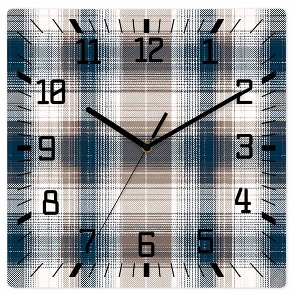 Blue Brown Plaid Wooden Wall Clock Silent Non Ticking, Modern Abstract Striped Gingham Checked Square Wall Clocks Battery Operated, Decor Clock for Home Office, Living Room, Kitchen, 10 Inch
