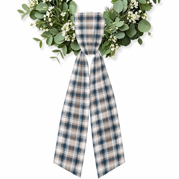 Blue Brown Plaid Wreath Sash for Front Door, Modern Abstract Striped Gingham Checked Wreath Bow Holiday Garland Ribbon Wreath Accessories for Home Yard Porch Doorway Fall Christmas Decorations Gifts