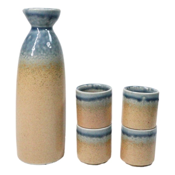 Blue Brown River Ao Nagashi Porcelain Sake Carafe Flask 9oz & 4 Ochoko Cups Set
