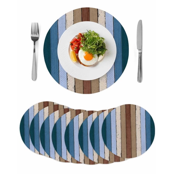 Blue Brown Round 15 Inch Placemats Set of 8, Farmhouse Wood Grain Vintage Vertical Striped HeatResistant Non Slip Place Mats for Dining Table, Wipeable Braided Kitchen Table Mats for Housewarming