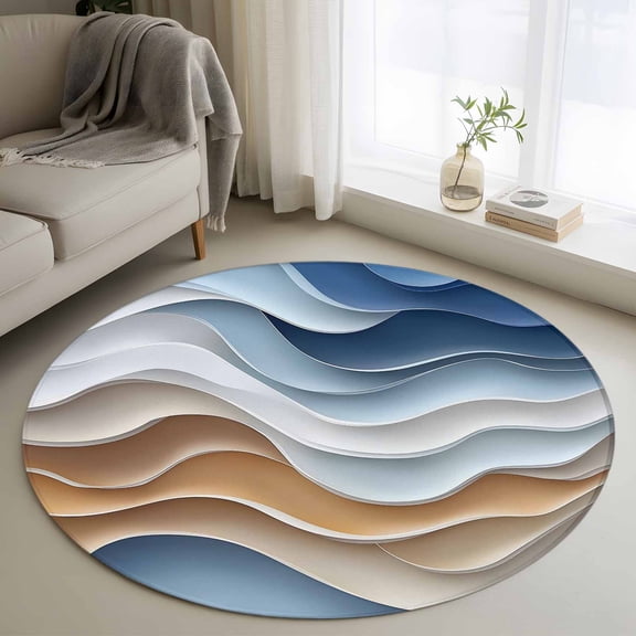 Blue Brown Round Area Rug 3.3 FT, Non Slip Small Entryway Kitchen Mat, Aesthetics Moire Ombre Abstract Geometric Washable Soft Circular Rug Non-Shedding Door Mat for Bathroom Playroom Kids Room