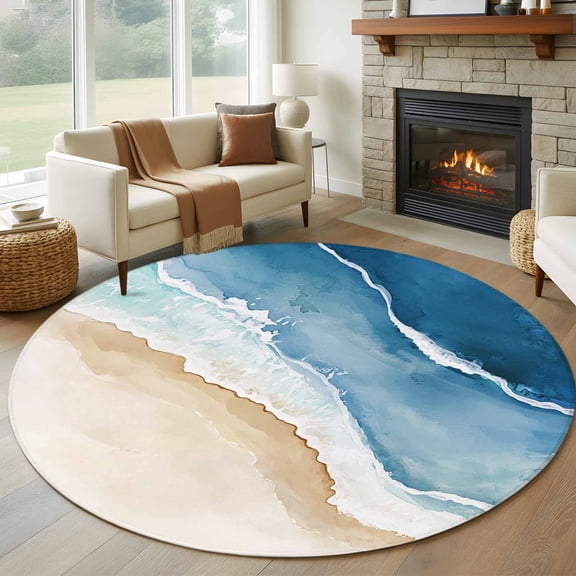 Blue Brown Round Living Room Rugs 8 ft, Waves Watercolor Gradient Abstract Beach Washable Large Area Rug with Non-Slip Sturdy Edge Binding Round Carpet for Dining Room Kitchen Office