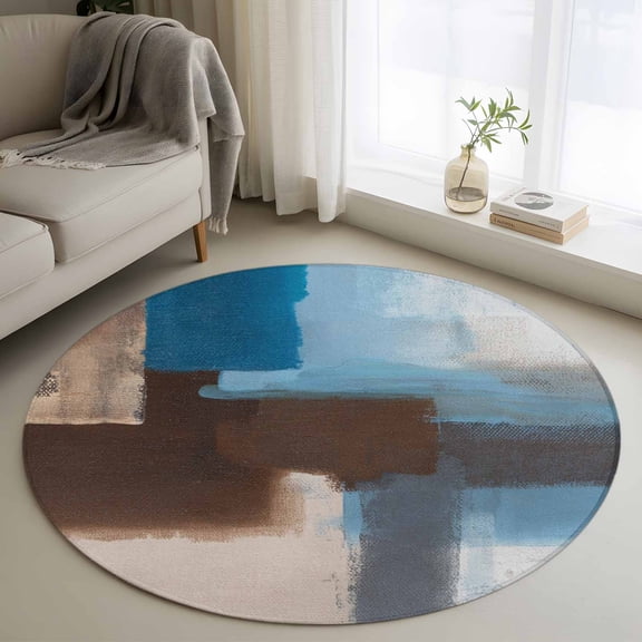 Blue Brown Round Rug 3ft Washable Circle Entryway Rugs Non Slip Ombre Abstract Street Art Mottled Texture Area Rug Indoor Floor Carpet for Bedroom Kitchen Living Room Home Office Dining Room Nursery