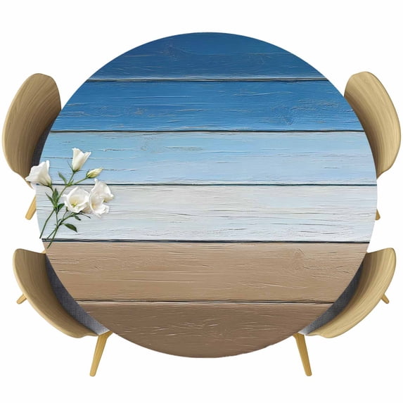 Blue Brown Round Tablecloth, Fitted Table Cover with Elastic for 36"-44" Round Tables, Vintage Farmhouse Gradient Wooden Grain Table Cloth Outdoor Indoor Dinning Party Waterproof Tablecloths
