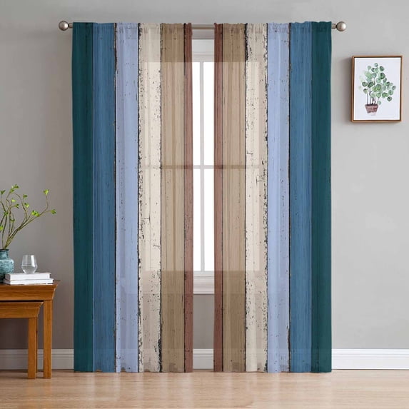 Blue Brown Semi Sheer Curtains 72 Inch Length 2 Panels Set, Farmhouse Wood Grain Vintage Vertical Striped Sheer Kitchen Curtain Privacy Voile Window Curtain for Living Room Bedroom Rod Pocket Drapes