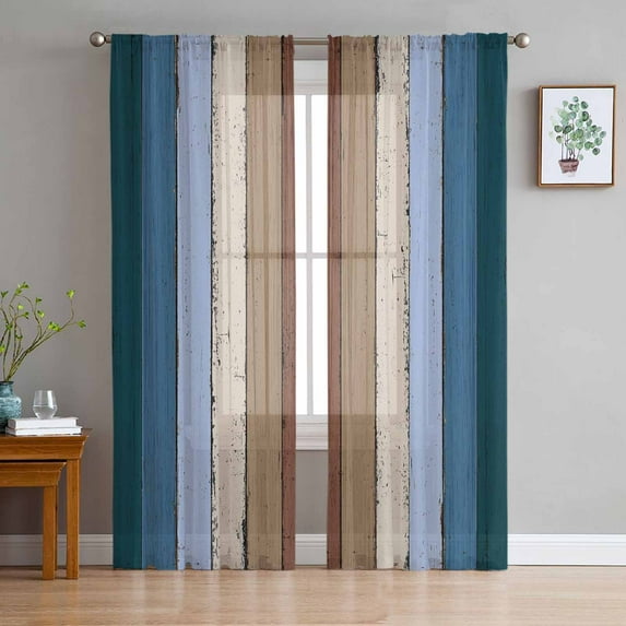 Blue Brown Semi Sheer Curtains 84 Inch Length 2 Panels Set, Farmhouse Wood Grain Vintage Vertical Striped Sheer Kitchen Curtain Privacy Voile Window Curtain for Living Room Bedroom Rod Pocket Drapes