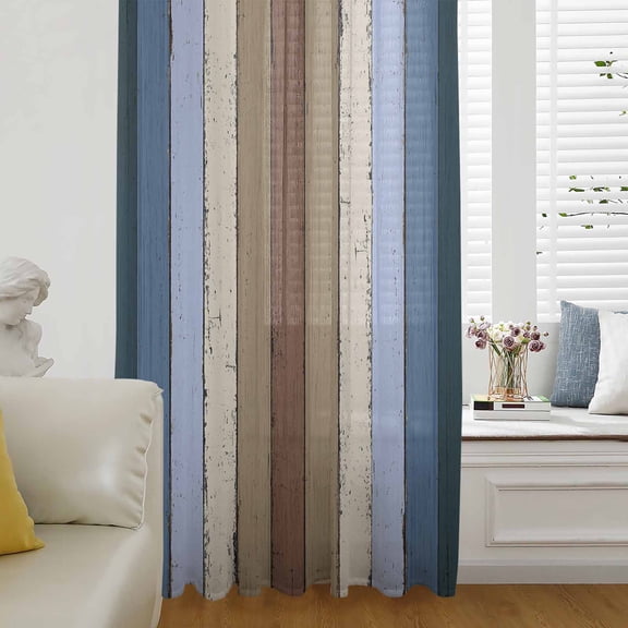 Blue Brown Semi Sheer Curtains Drapes for Living Room,Bedroom,French Doors Window 45 Inches Long,Farmhouse Wood Grain Vintage Vertical Striped Rod Pocket Chiffon Curtain Drapery Voile Drape Panel