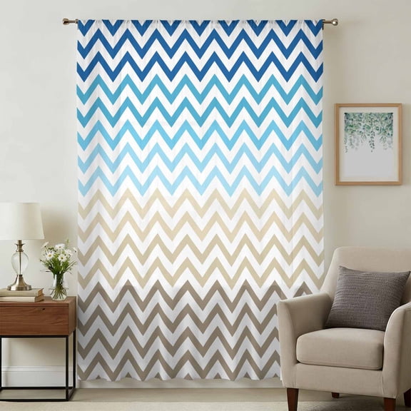 Blue Brown Sheer Curtains 45 Inches Long, Modern Chevron Waves Khaki Geometric Stripes Light Filering Curtains, Breathable Simi Curtain Privacy Drapes for Kitchen Bathroom Small Window Treatment