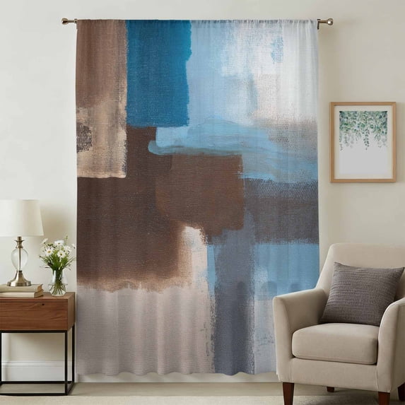 Blue Brown Sheer Curtains 54 Inches Long, Ombre Abstract Street Art Mottled Texture Light Filering Curtains, Breathable Simi Curtain Privacy Drapes for Kitchen Bathroom Small Window Treatment