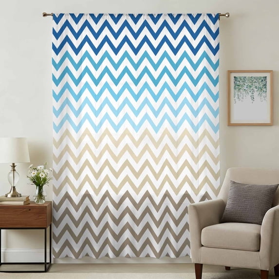 Blue Brown Sheer Curtains 63 Inches Long, Modern Chevron Waves Khaki Geometric Stripes Light Filering Curtains, Breathable Simi Curtain Privacy Drapes for Living Room Bedroom Window Treatment