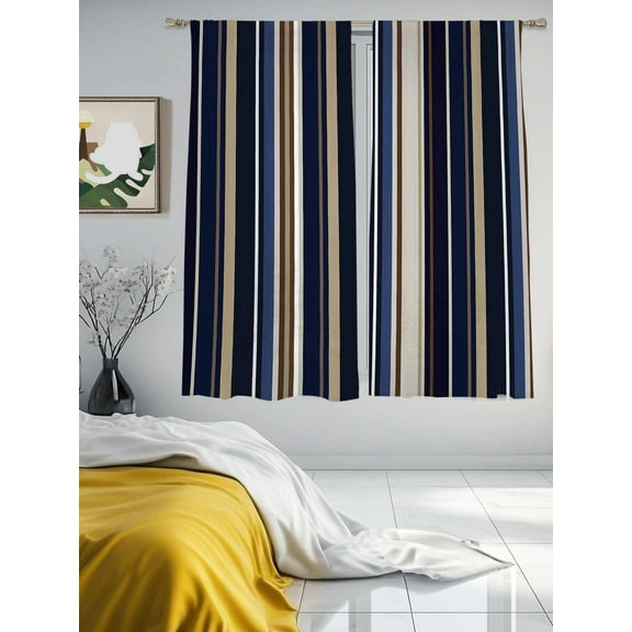 Blue Brown Sheer Curtains 63 inches Long 2 Panels Set Stripes Tiers Sheers Rod Pocket Small Window Short Curtains for Kitchen Cafe, Each 52" W x 63" L