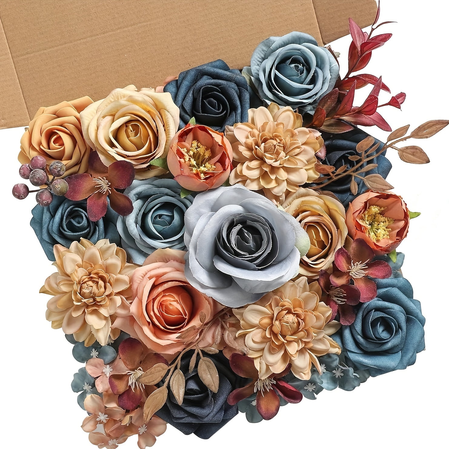 Blue Brown Simulated Flower Combination Box Set with Artificial Flowers ...