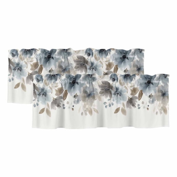 Blue Brown Spring Floral Curtain Valances for Windows, Kitchen Valance Window Treatments Panel 2 Pack, Watercolor Summer Botanical Rod Pocket Short Curtains for Bathroom Bedroom 42 x 18 Inch