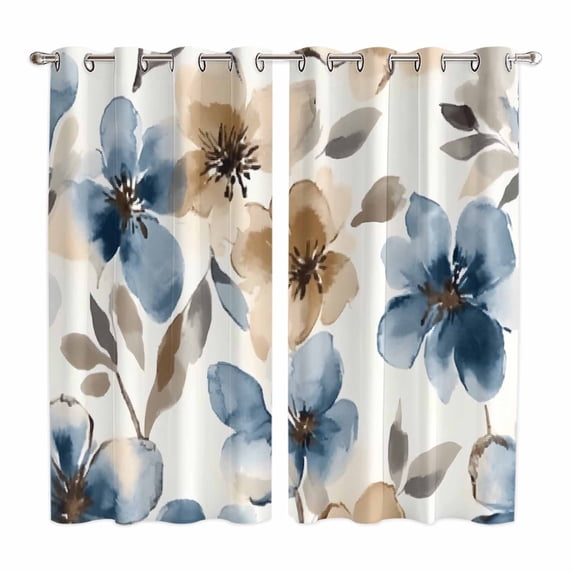 Blue Brown Spring Floral Kitchen Curtains 63 Inch Length, Summer Botanical Elegant Grommet Top Bedroom Living Room Curtains, Light Filtering Cafe Curtain Drapes 2 Panels Set 84''x63''