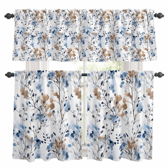 Blue Brown Spring Floral Kitchen Curtains Sets for Windows 24 Inch Length, Summer Botanical Art Rod Pocket Window Treatments Tier Curtains and Valances Set for Bedroom/Bathroom