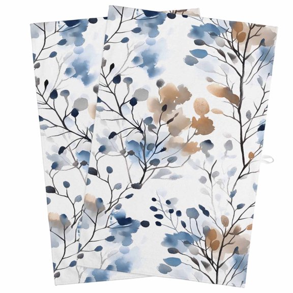 Blue Brown Spring Floral Kitchen Towels, Absorbent Microfiber Kitchen Dish Hand Tea Bath Towel, Summer Botanical Art Quick Dry Cleaning Cloth Dishclothes Decorative Sets, (2-PC, 18x28)