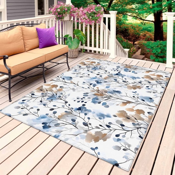 Blue Brown Spring Floral Outdoor Rug for Patio/Deck/Porch, Non-Slip Large Area Rug 5 x 8 Ft, Summer Botanical Art Indoor Outdoor Rugs Washable Area Rugs, Reversible Camping Rug Carpet Runner
